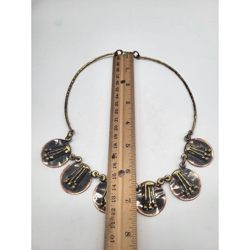 Copper Brass Brutalist Modernist Discs Statement Necklace Tribal Geometric - Picture 6 of 10